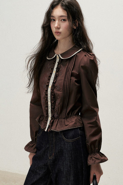 Brown Cotton Linen Doll Collar Shirt