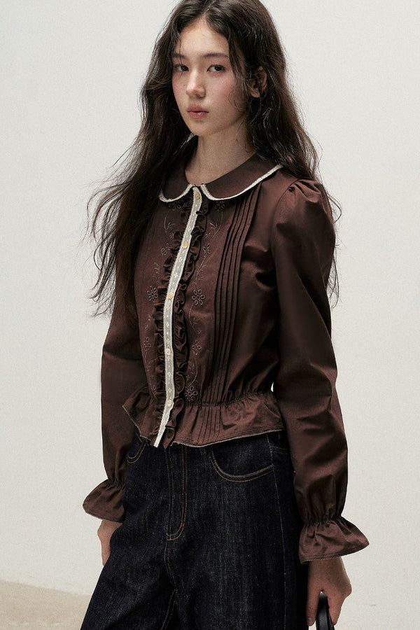 Brown Cotton Linen Doll Collar Shirt