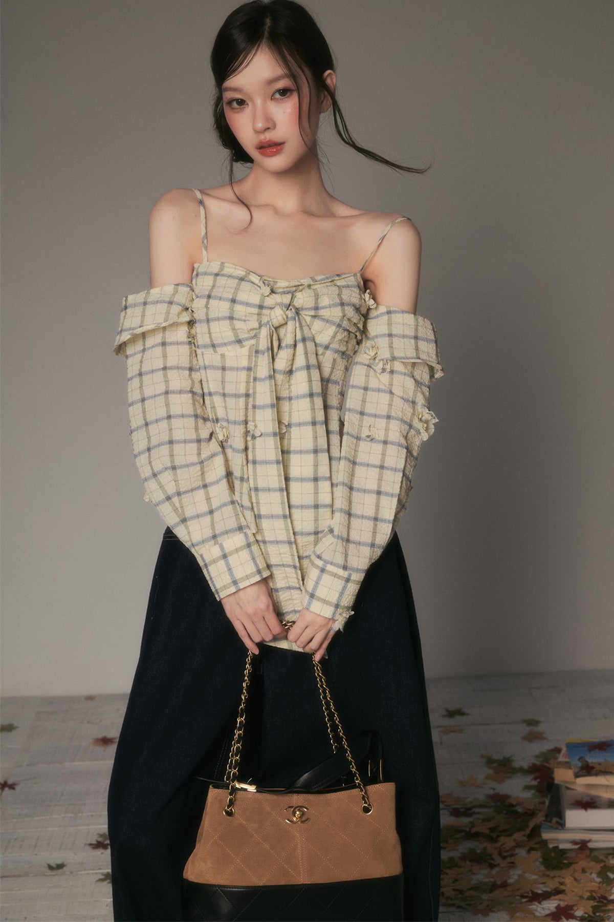 Bow-Tie Plaid Floral Long-Sleeve Tube Top