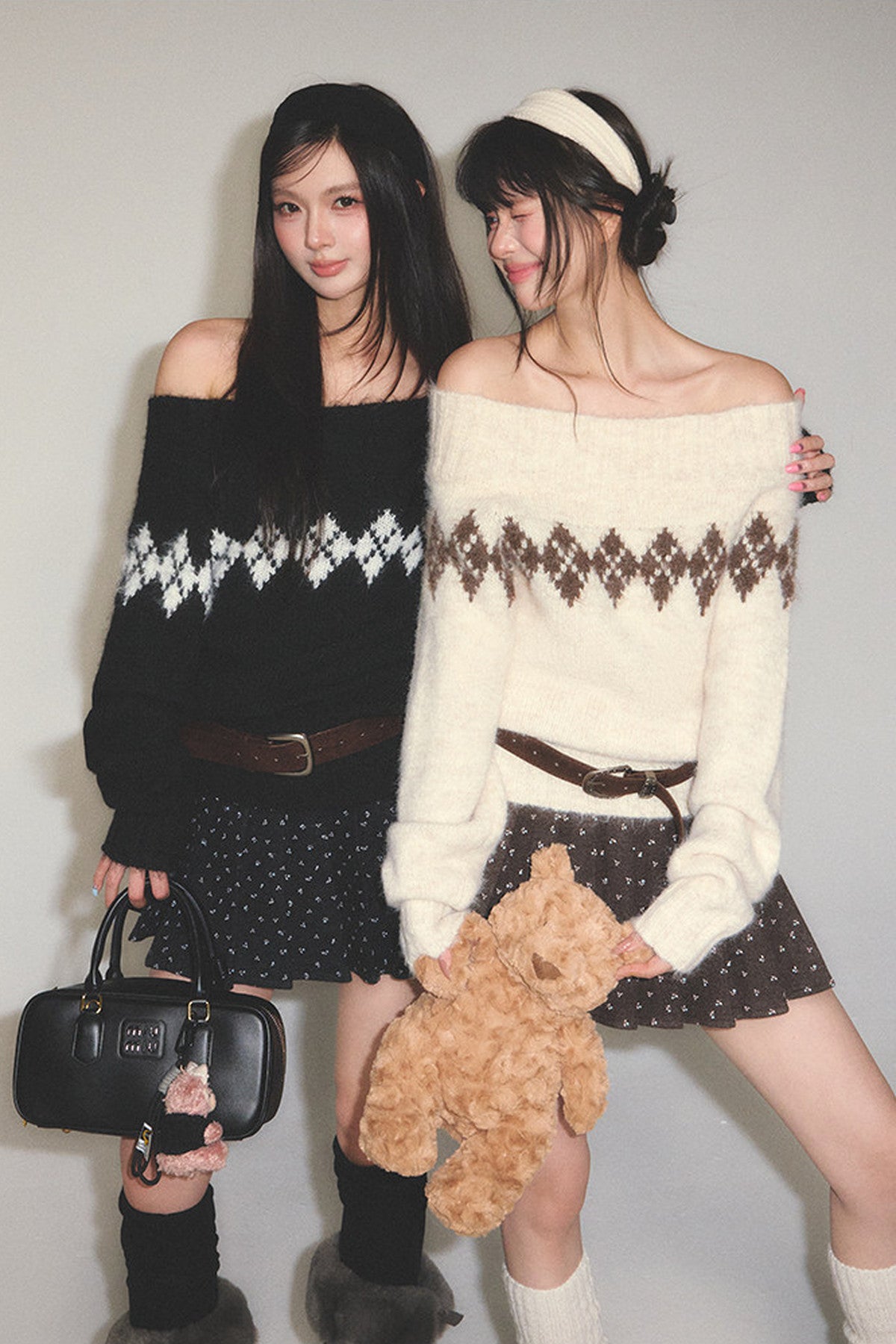 Off-Shoulder Diamond Sweater and Skirt Pullover Set-Up