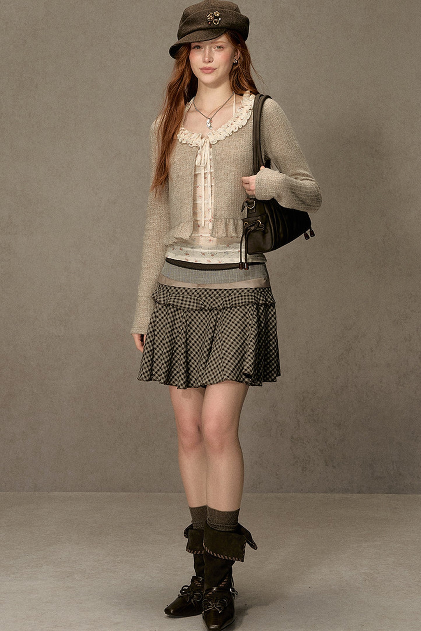 Ruffled Knit Cardigan With Camisole
