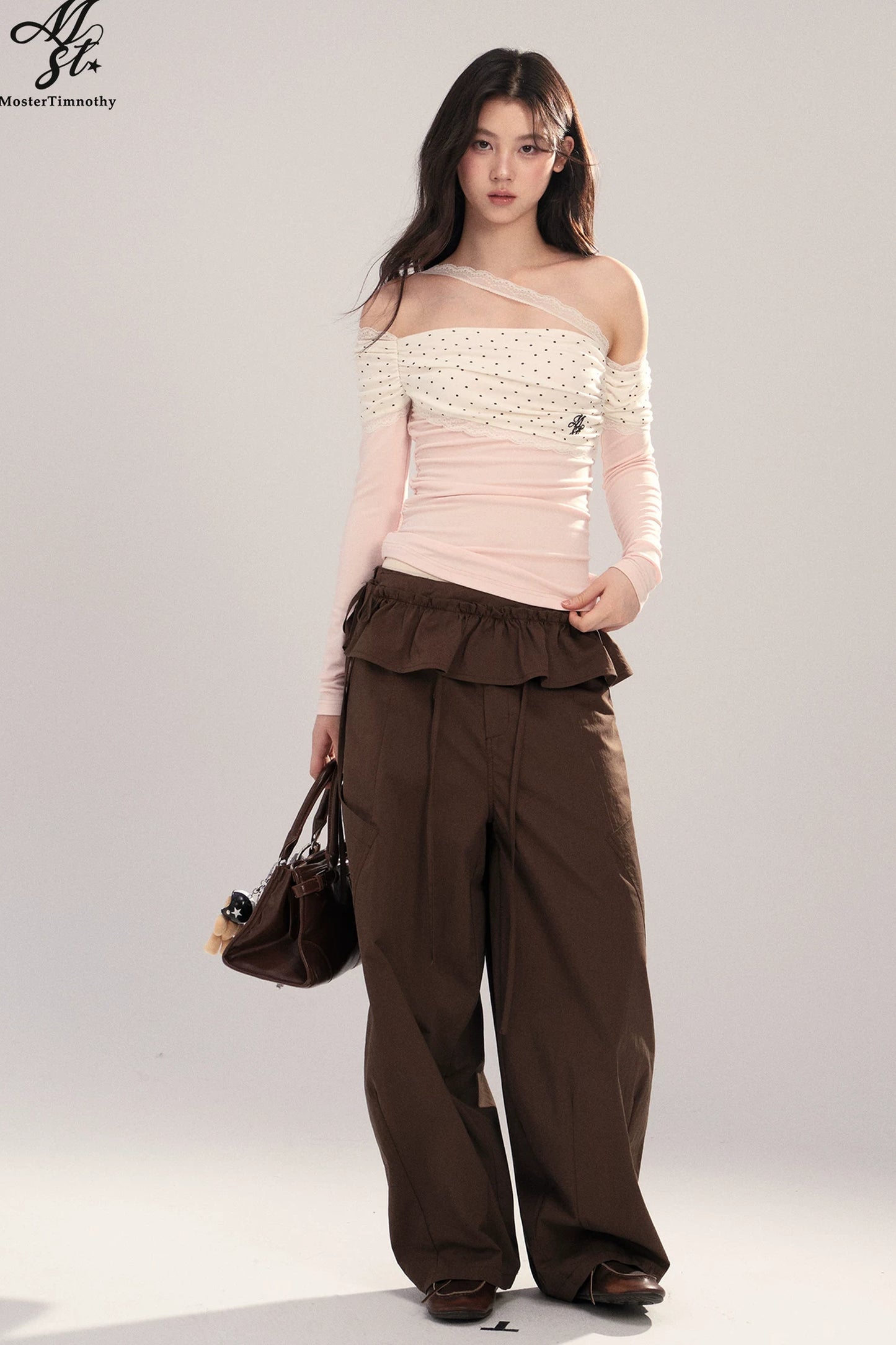 Polka Dot Spliced Lace Off-Shoulder T-Shirt