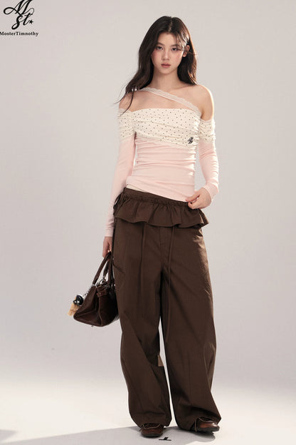 Polka Dot Spliced Lace Off-Shoulder T-Shirt