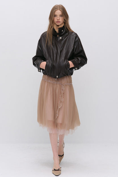 Textured Leopard Fur Collar PU Jacket