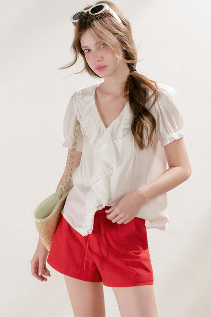 Mulberry Silk Lace Ruffle V-Neck Top