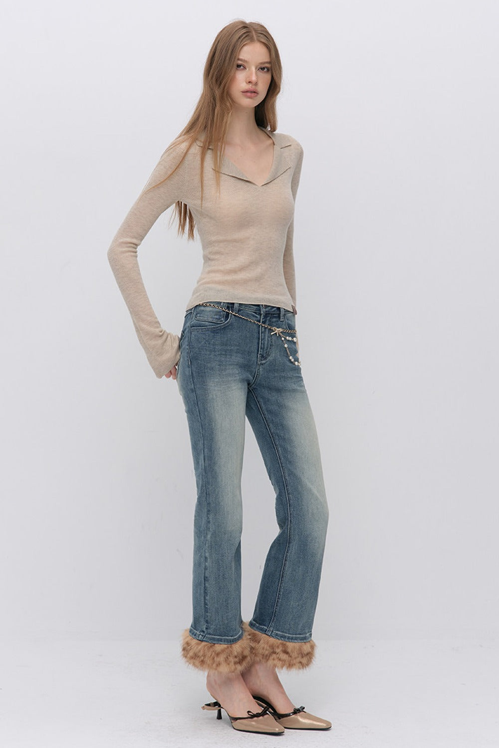 Detachable Frayed Hem Washed Flared Jeans