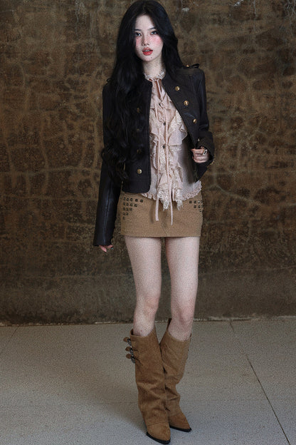 Napoleon Double-Breasted Short Leather Jacket