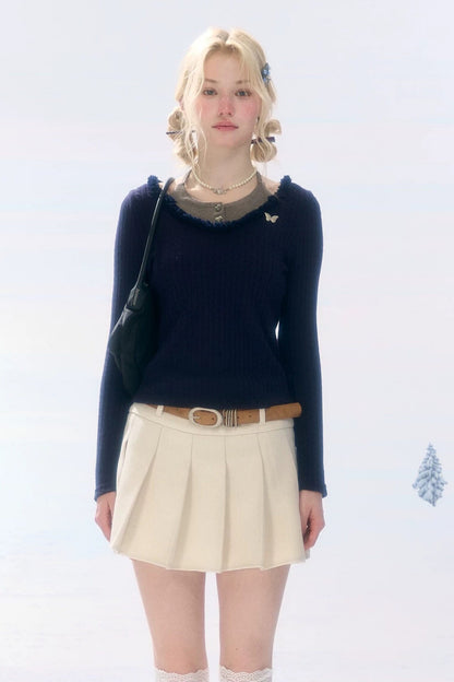 High-Waisted Apricot Pleated Woolen Skirt