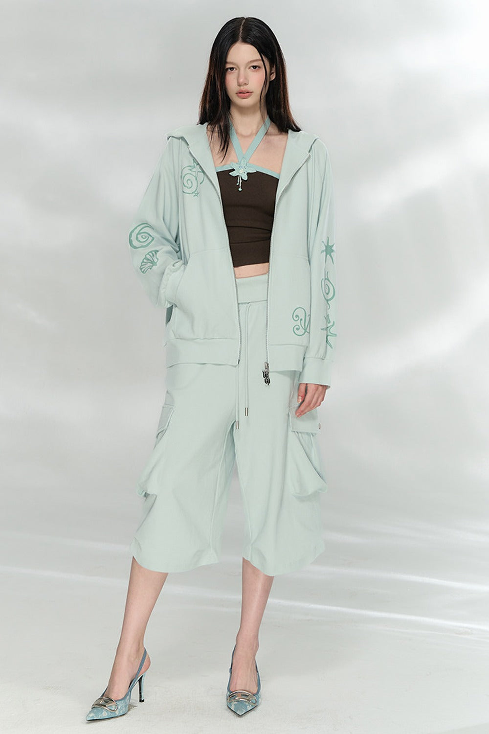 Waffle Knit Print Sweatshirt and Pants Set-Up