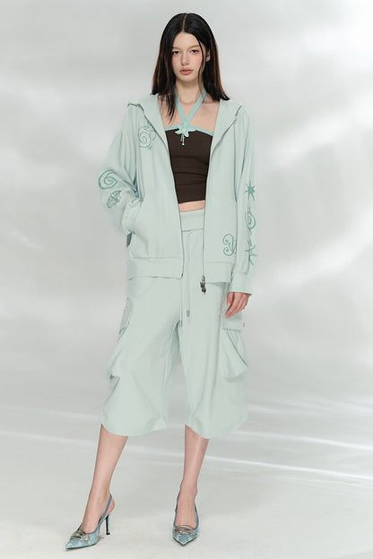 Waffle Knit Print Sweatshirt and Pants Set-Up