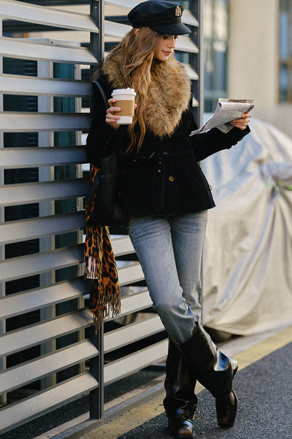 Belted Suede Fur Collar Jacket