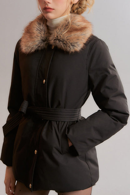 Black Fur Collar Tie-Waist Down Jacket