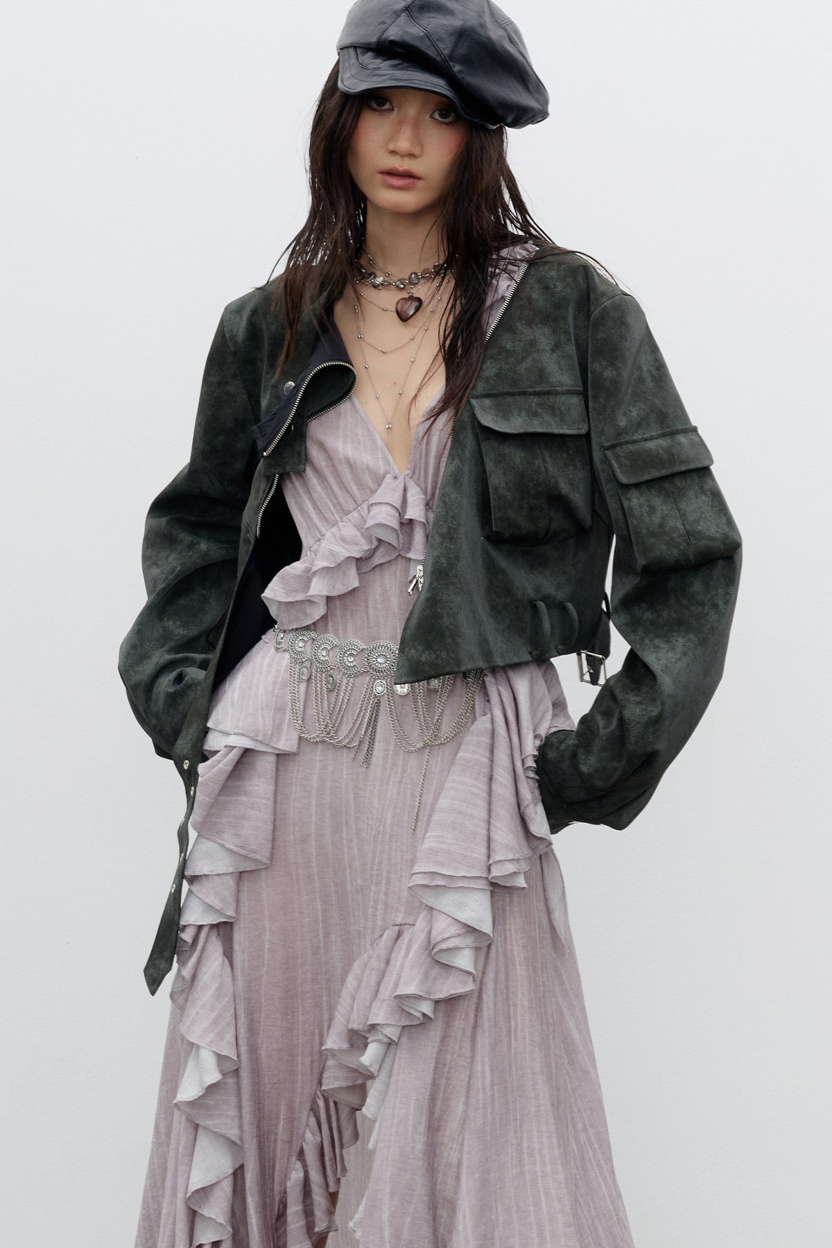 Color-Washed PU Biker Jacket