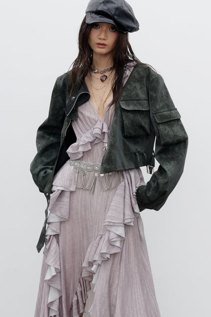 Color-Washed PU Biker Jacket