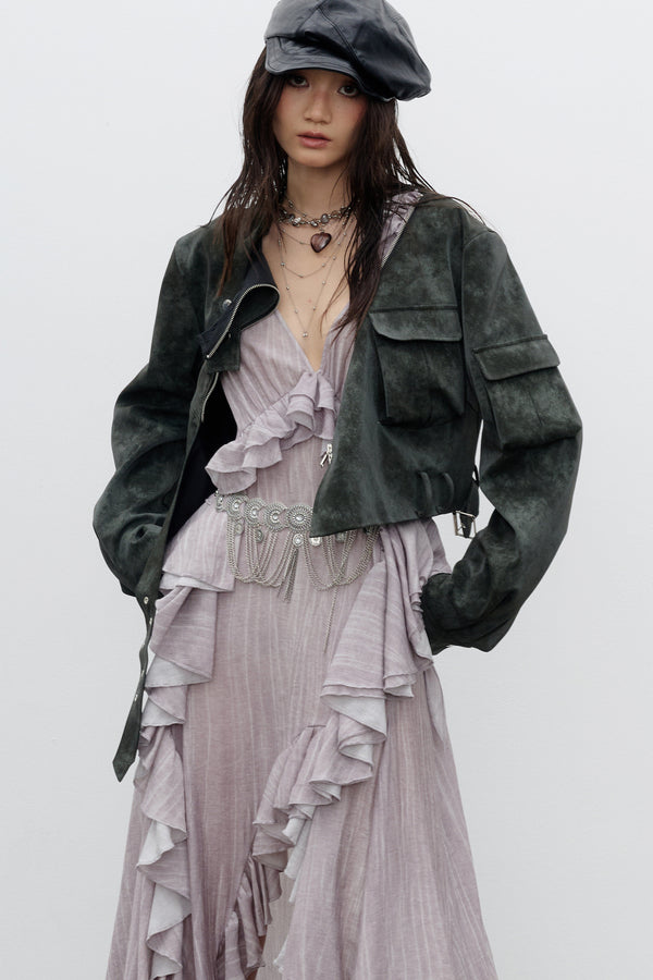 Color-Washed PU Biker Jacket