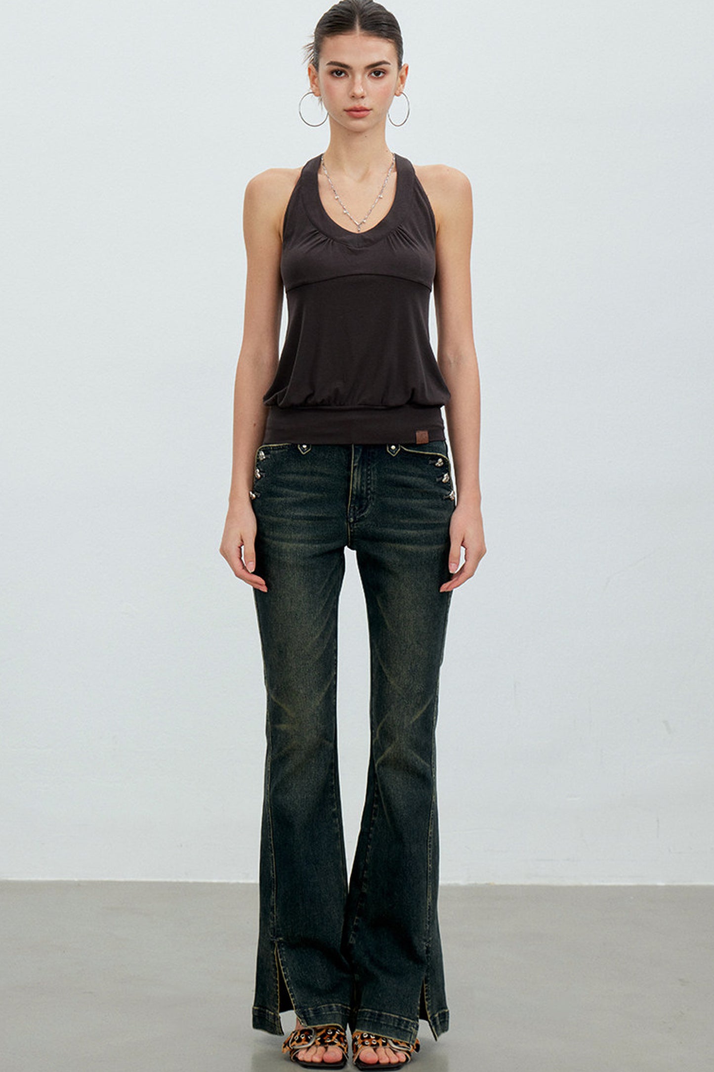 Heart Button Slit Flared Jeans