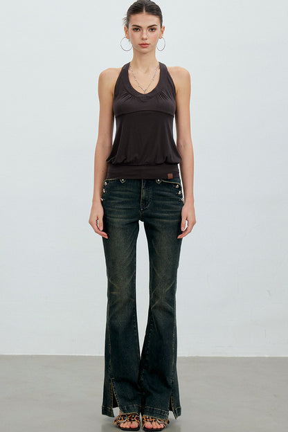 Heart Button Slit Flared Jeans