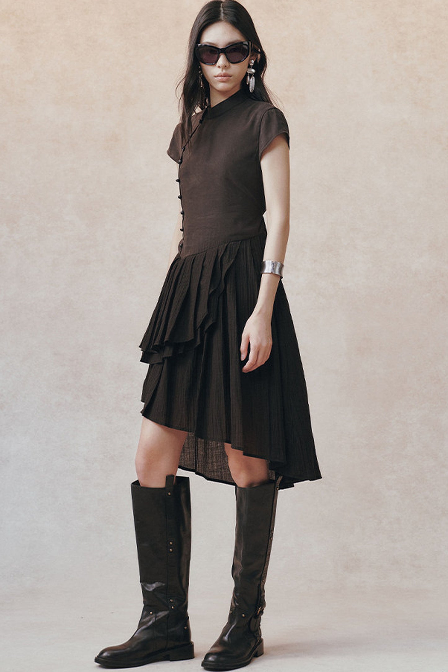 Diagonal Placket Pearl Button Irregular Hem Dress
