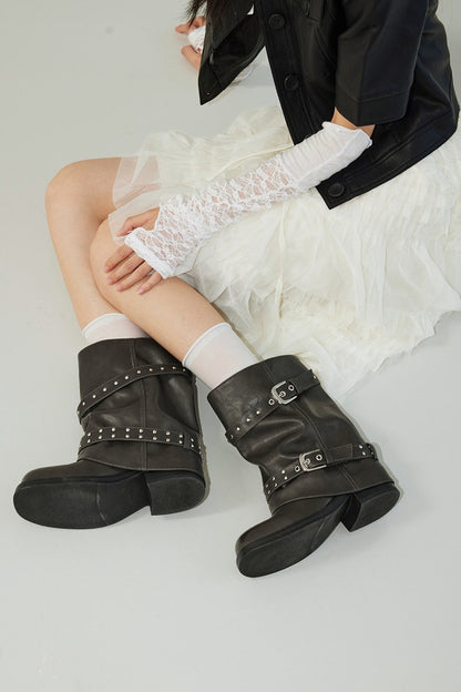 Thick-Soled Chunky Heel Slouchy Pants-Leg Boots