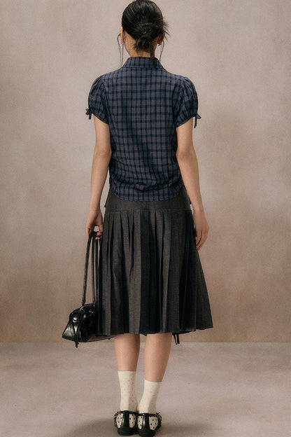 Navy Plaid Ruffled Short Sleeve Shirt