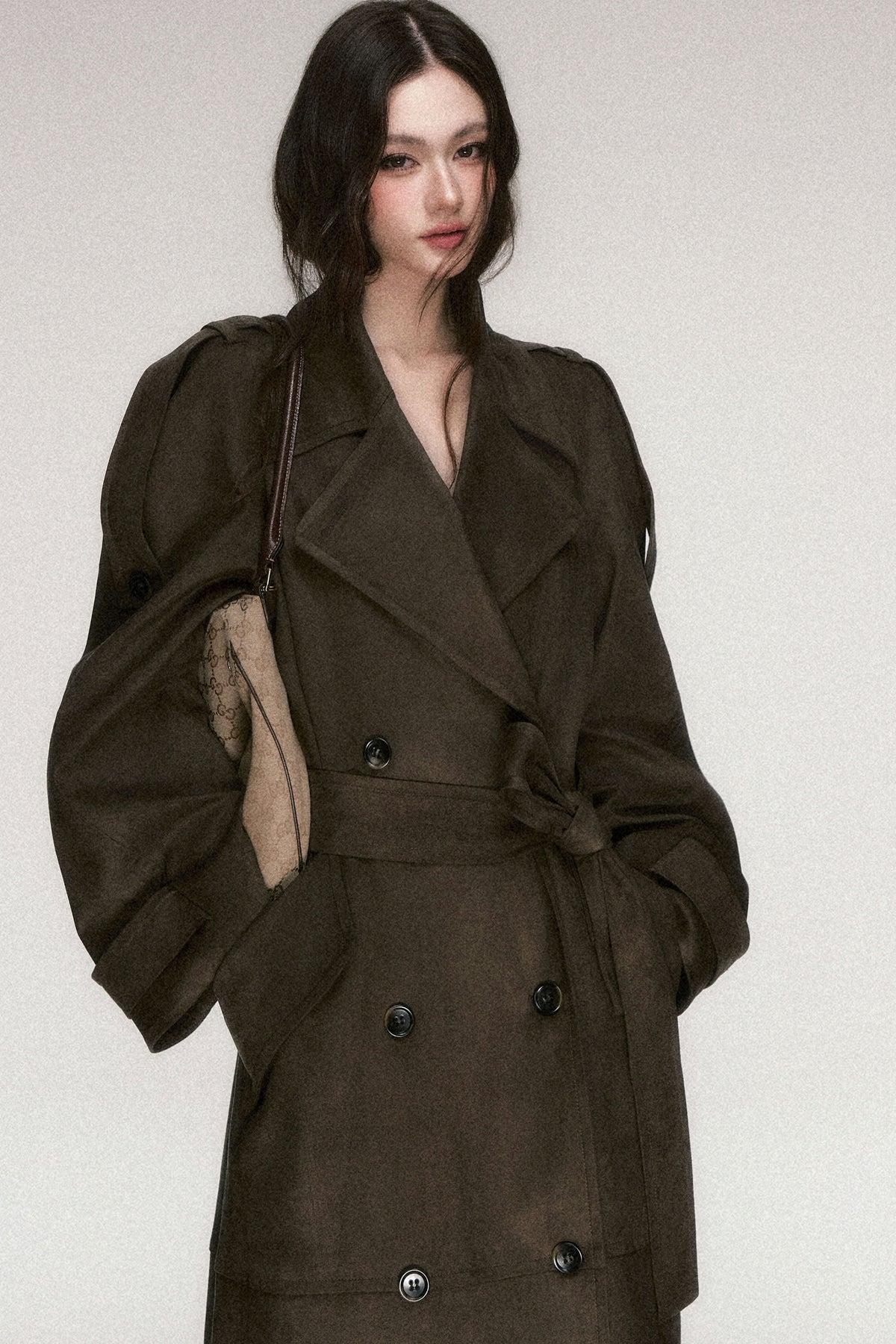 Brown Coffee Suede Long Trench Coat