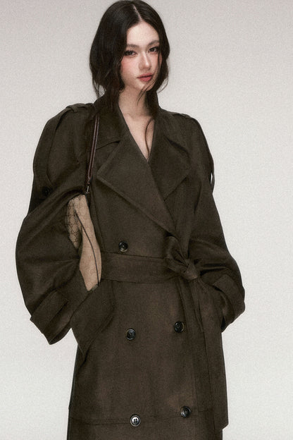 Brown Coffee Suede Long Trench Coat
