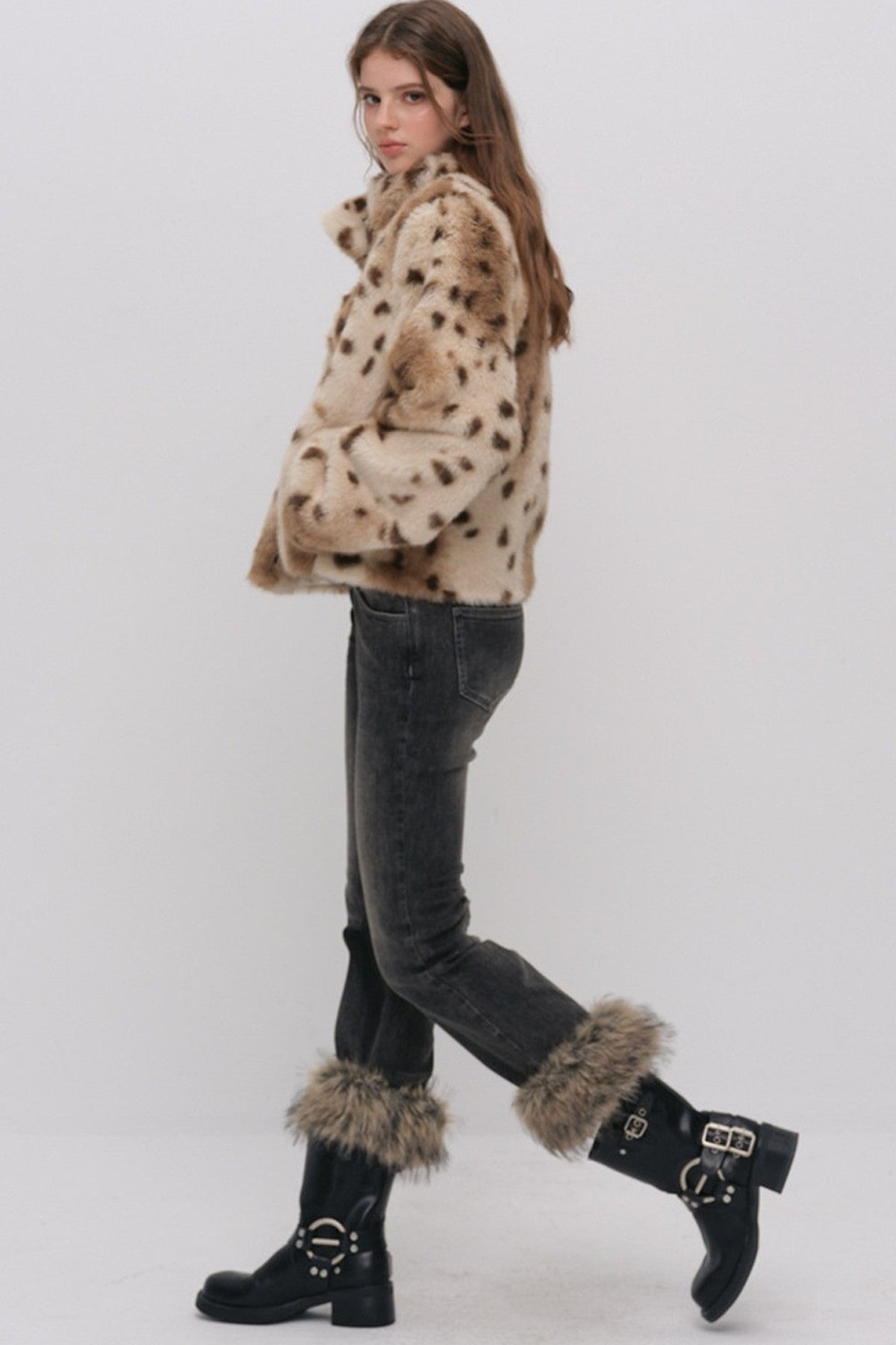 Cheetah Print Buckle Stand Collar Coat