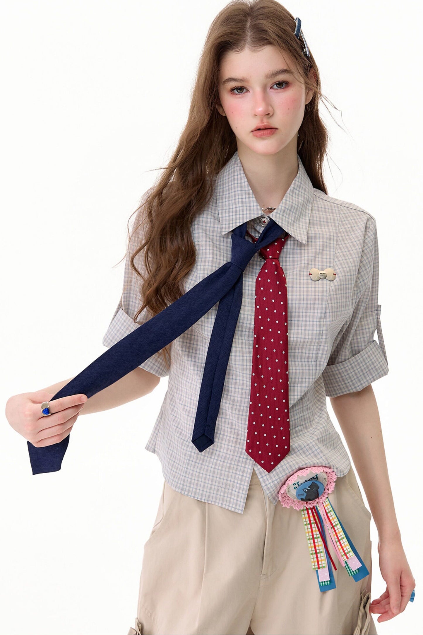 Camicia a maniche corte a quadri grigio chiaro