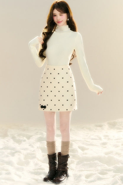 High-Waisted Drapey Polka Dot Woolen Skirt