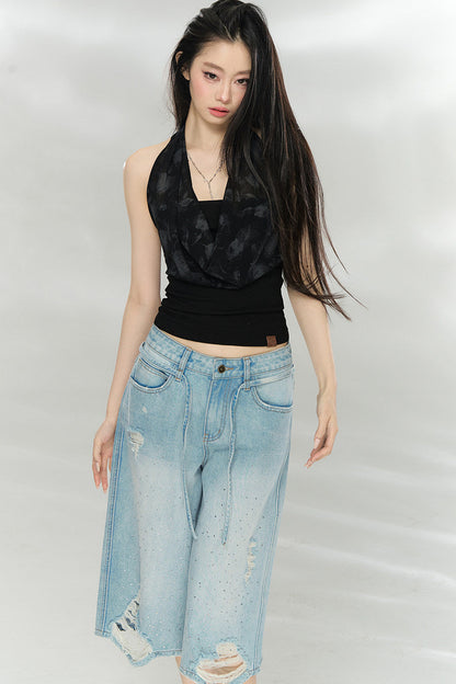 Rhinestone Distressed Denim Pants