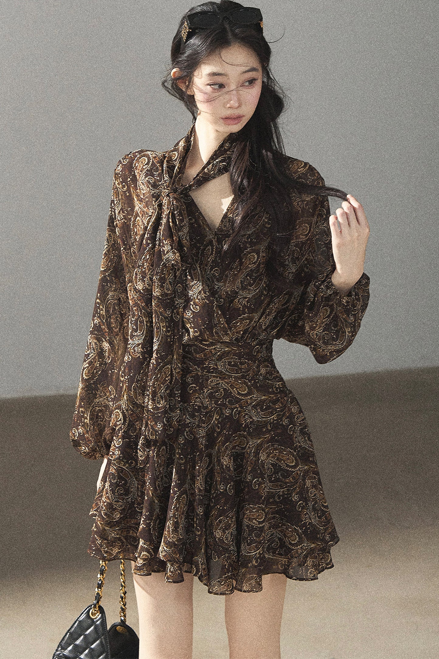 Long-Sleeve Puffy Chiffon Dress