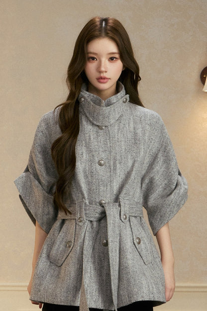Stand Collar Batwing Wool Cape Jacket