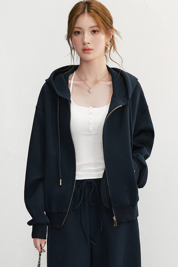 Embroidered Hooded Cardigan Sweatshirt and Wide-Leg Pants Set-Up