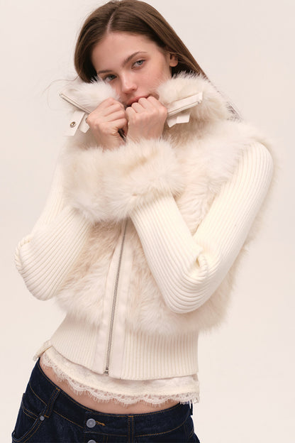 Layered-Look Fur Patchwork Knit Jacket