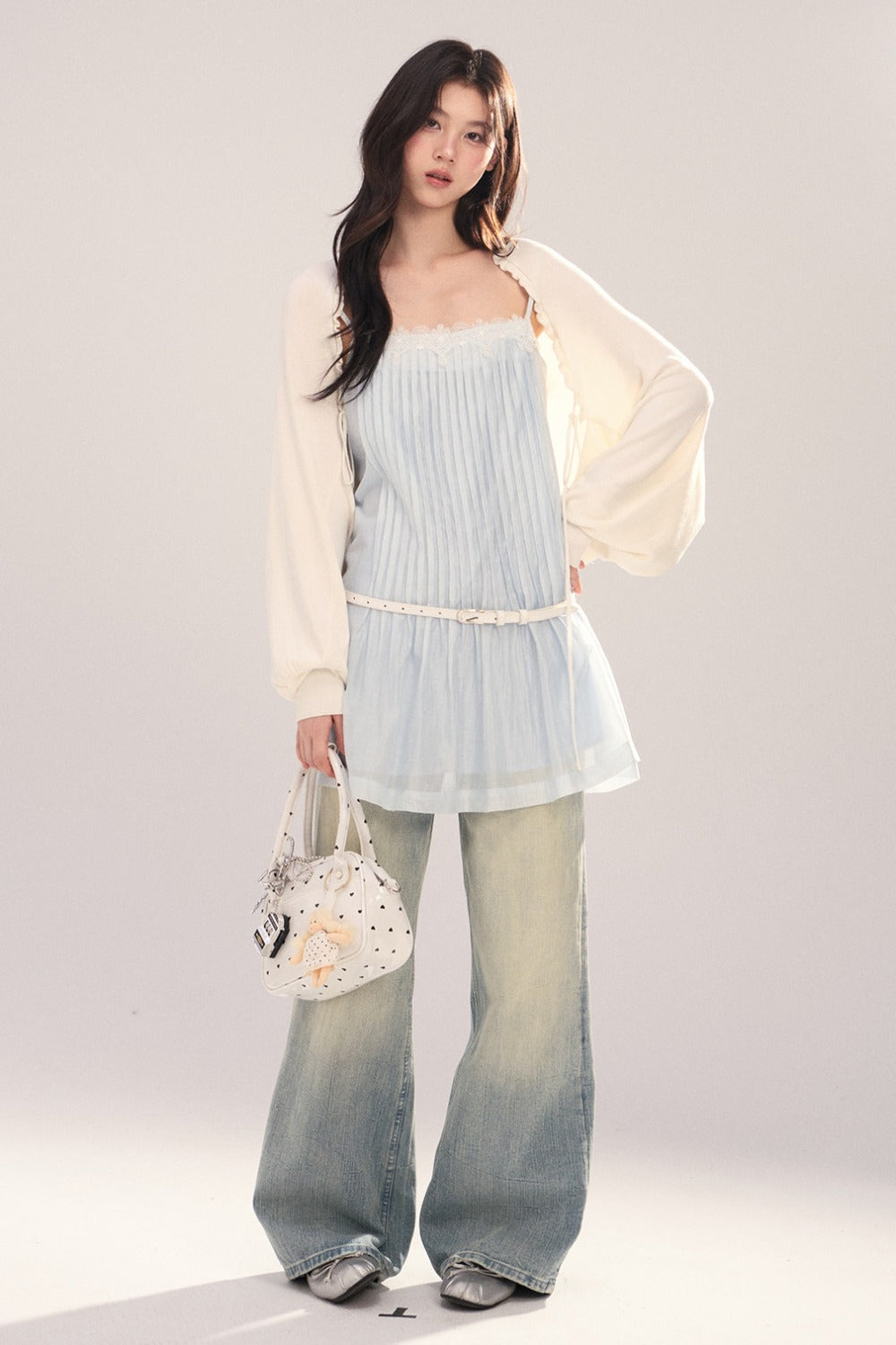 Suspender Dress with Lantern Sleeve Shawl Cardigan Set-Up
