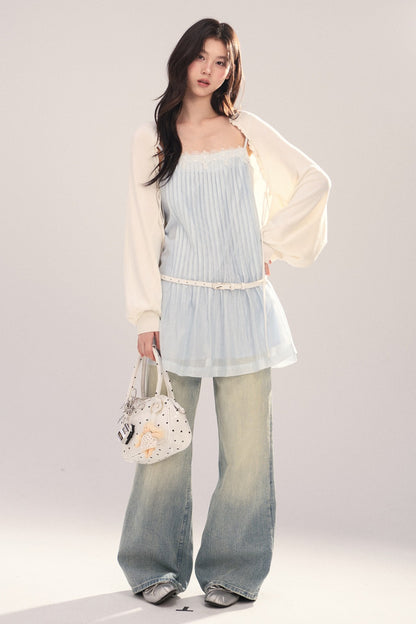 Suspender Dress with Lantern Sleeve Shawl Cardigan Set-Up