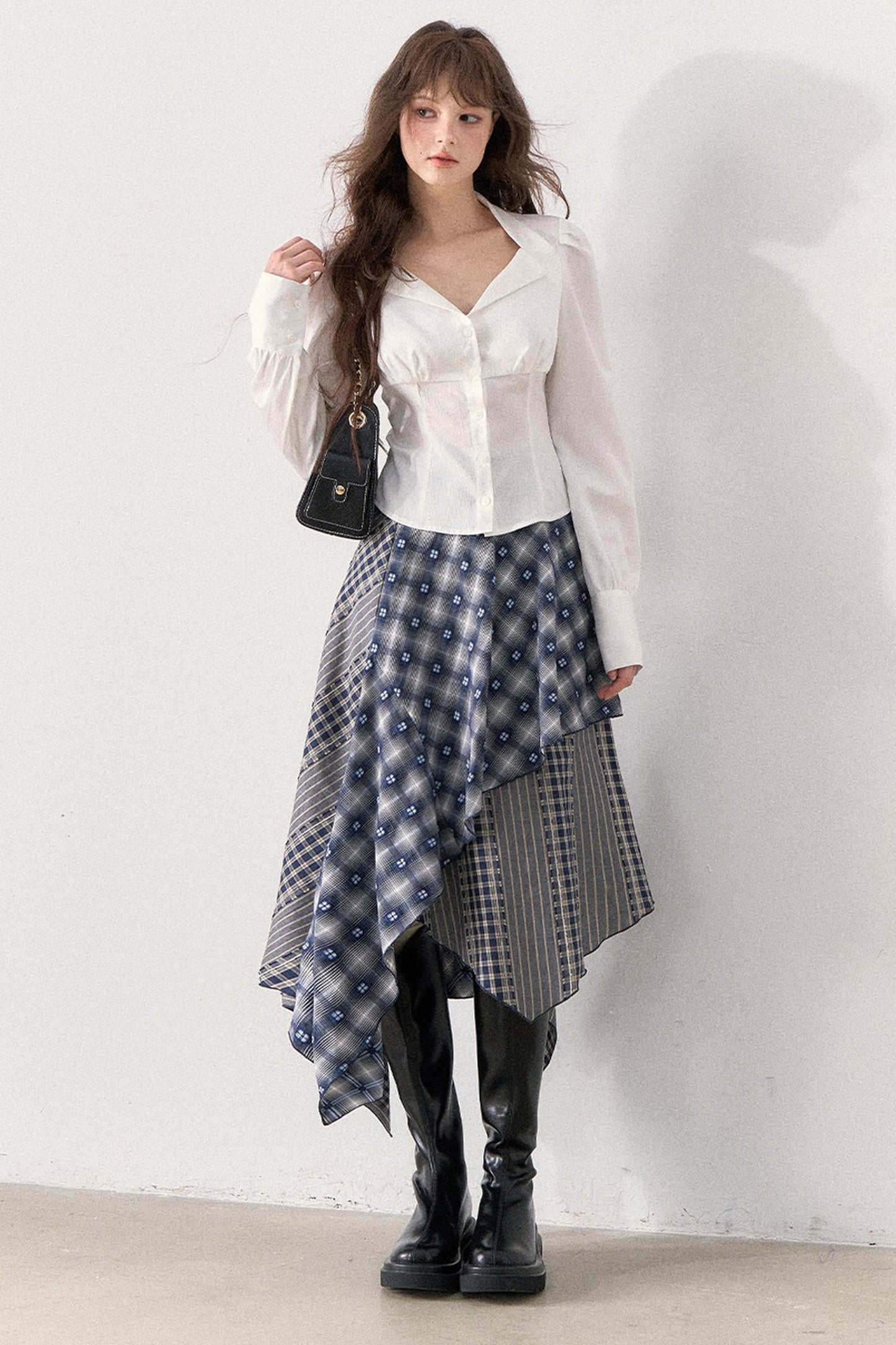 White Shirt and Denim Waistband Asymmetrical Plaid Skirt Set-Up