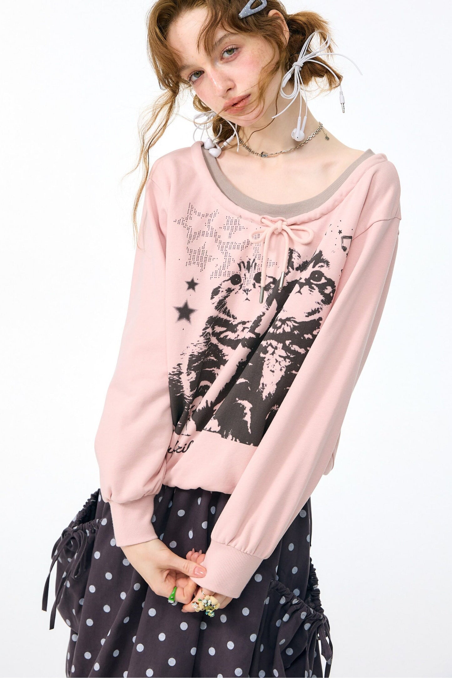 Pink Cat Print Tie Neck Sweatshirt