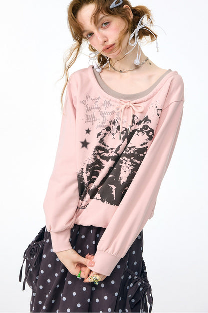 Pink Cat Print Tie Neck Sweatshirt