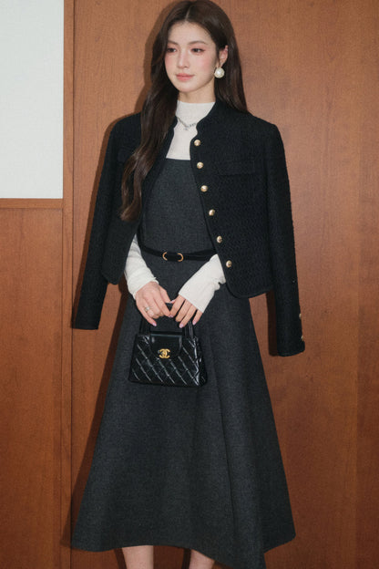 Black Tweed Jacket and Square-Neck Dress Set-Up