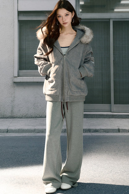 Detachable Fur Collar Quilted Hooded Jacket