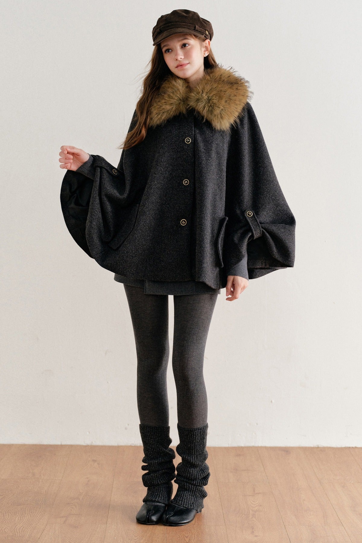 Detachable Large Fur Collar Woolen Cape