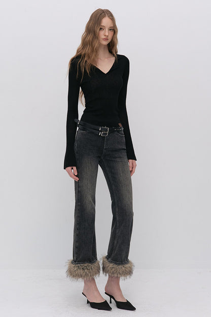 Detachable Frayed Hem Washed Flared Jeans