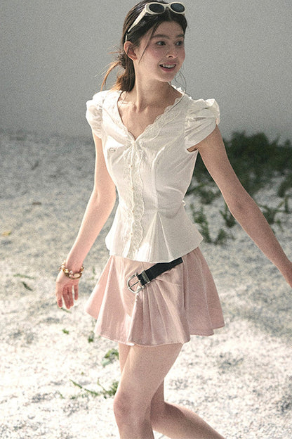 French V-Neck Lace Puff Sleeve Blouse