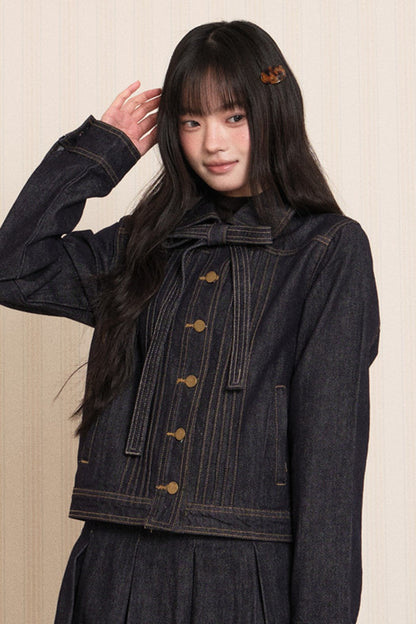Washed Denim Lapel Tie Jacket