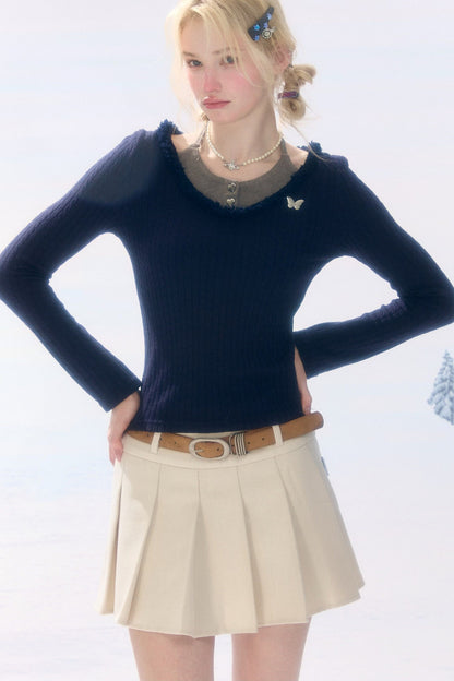 Frayed Halter Layered-Look Knit Top