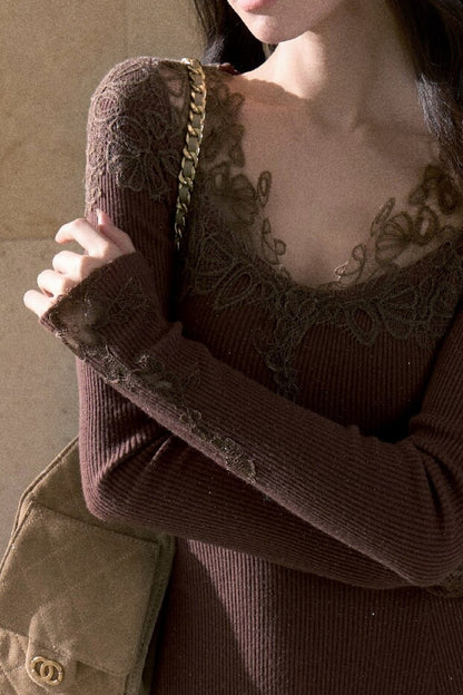 Spliced Lace Trim Long-Sleeve A-Line Dress