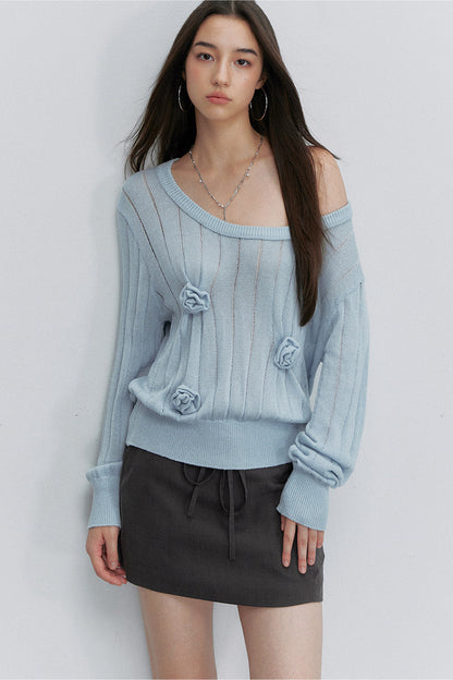 Camicetta in maglia con spalla asimmetrica e fiore 3D