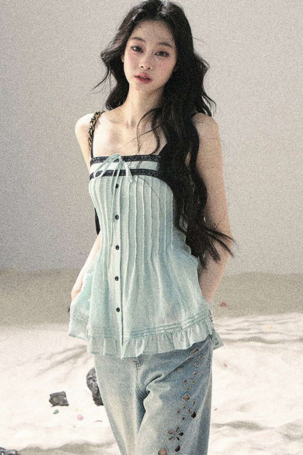 One-Shoulder Ruched Lace Camisole