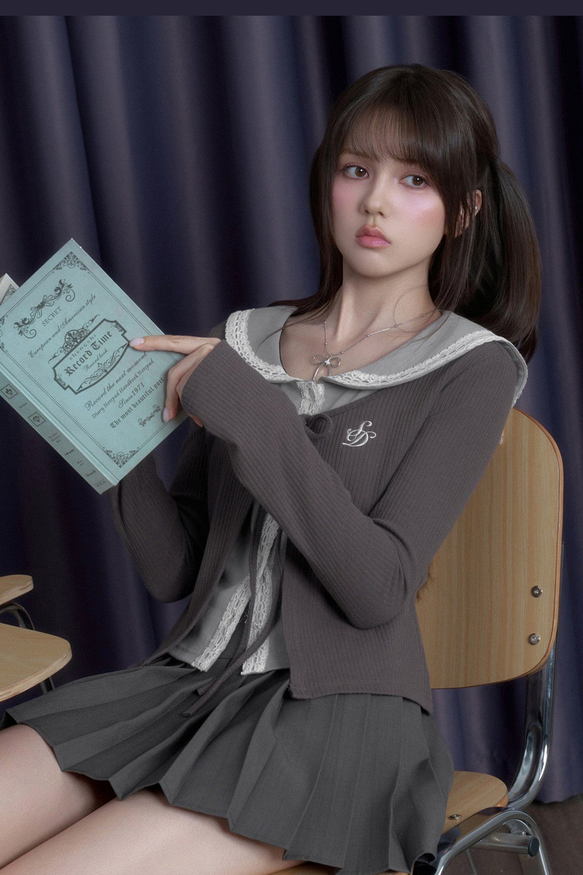 Gray Lace Sailor Collar Top and Skirt Set-Up